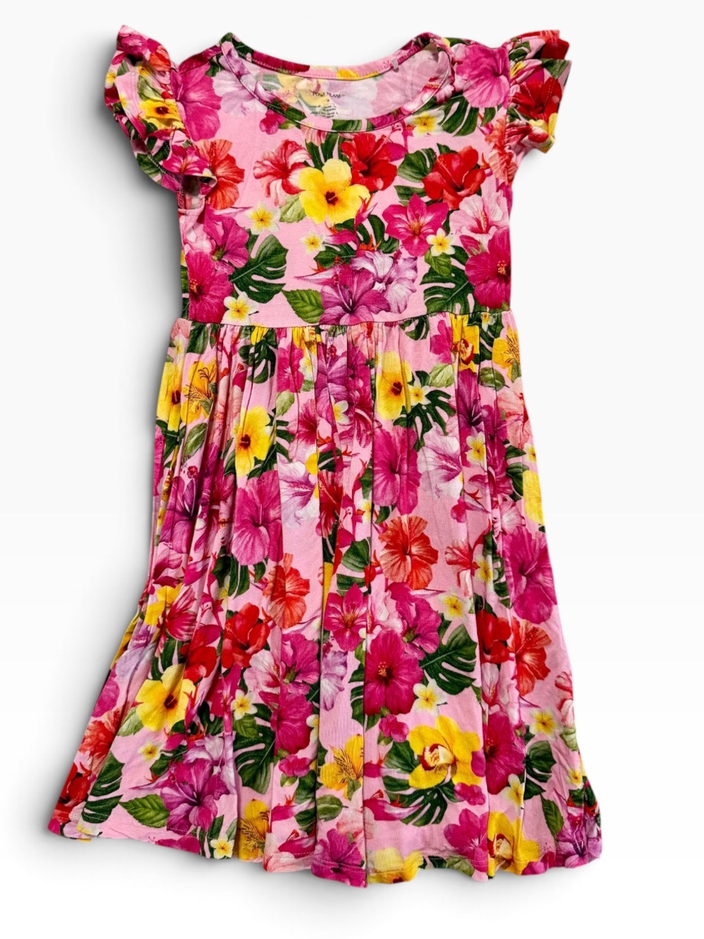 EUC Posh Peanut Pink Hibiscus & Yellow plumeria Floral Flutter Sleeve Dress, 4T